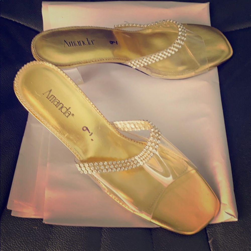 Amanda Golden Rhinestone Slippers with Sheer Sides